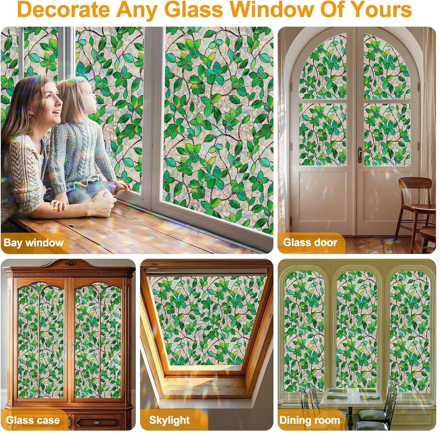 Window Privacy Film Stain Glass Window Film Rainbow Window Film Window clings Non-Adhesive Reusable Decorative for Room (Greenery Leaf, 45.2 x 157.4 in)