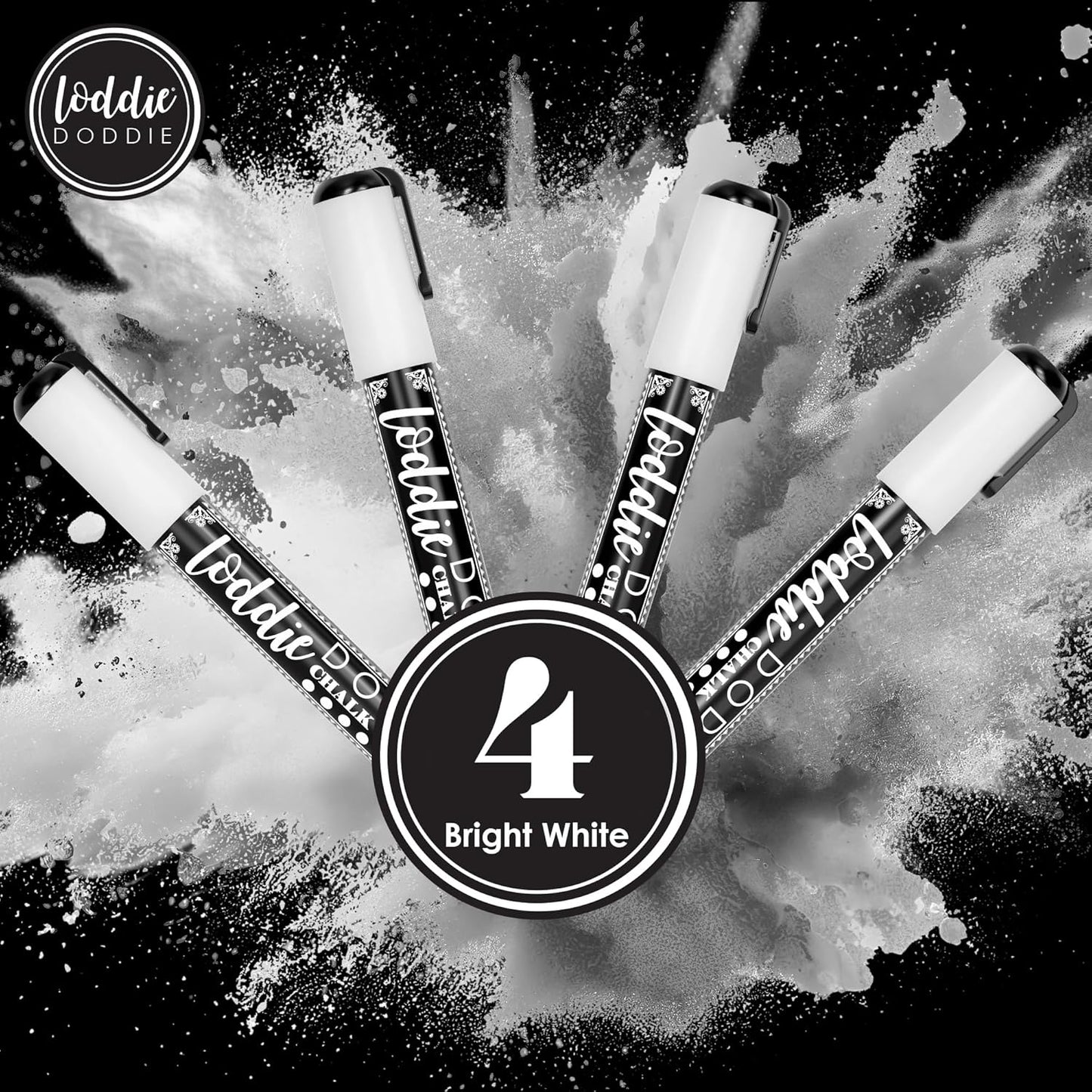 Loddie Doddie Liquid Chalk Markers - Pack of 4, White, 6mm Tip - Versatile on Glass & Mirrors with Glass Markers - Dual Bullet & Chisel Tip with Chalk Pens - Non-Toxic Quick Erase with Window Paint