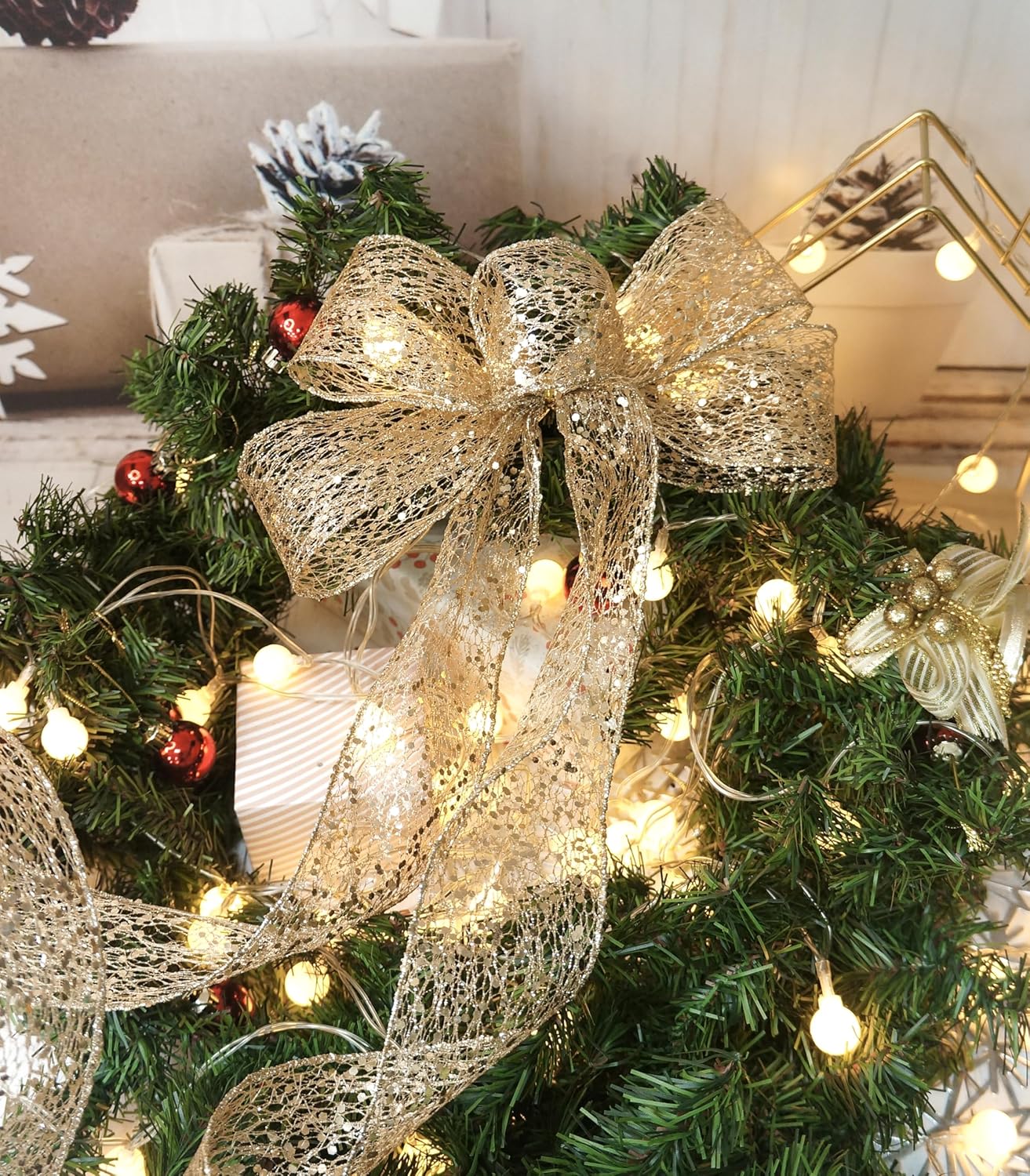 CT CRAFT LLC Sparkling Glitter Mesh Wired Ribbon 2.5" x 20 Yards Champagne Gold for Christmas Home Decor Bow Gift Wrapping DIY Crafts Wreath