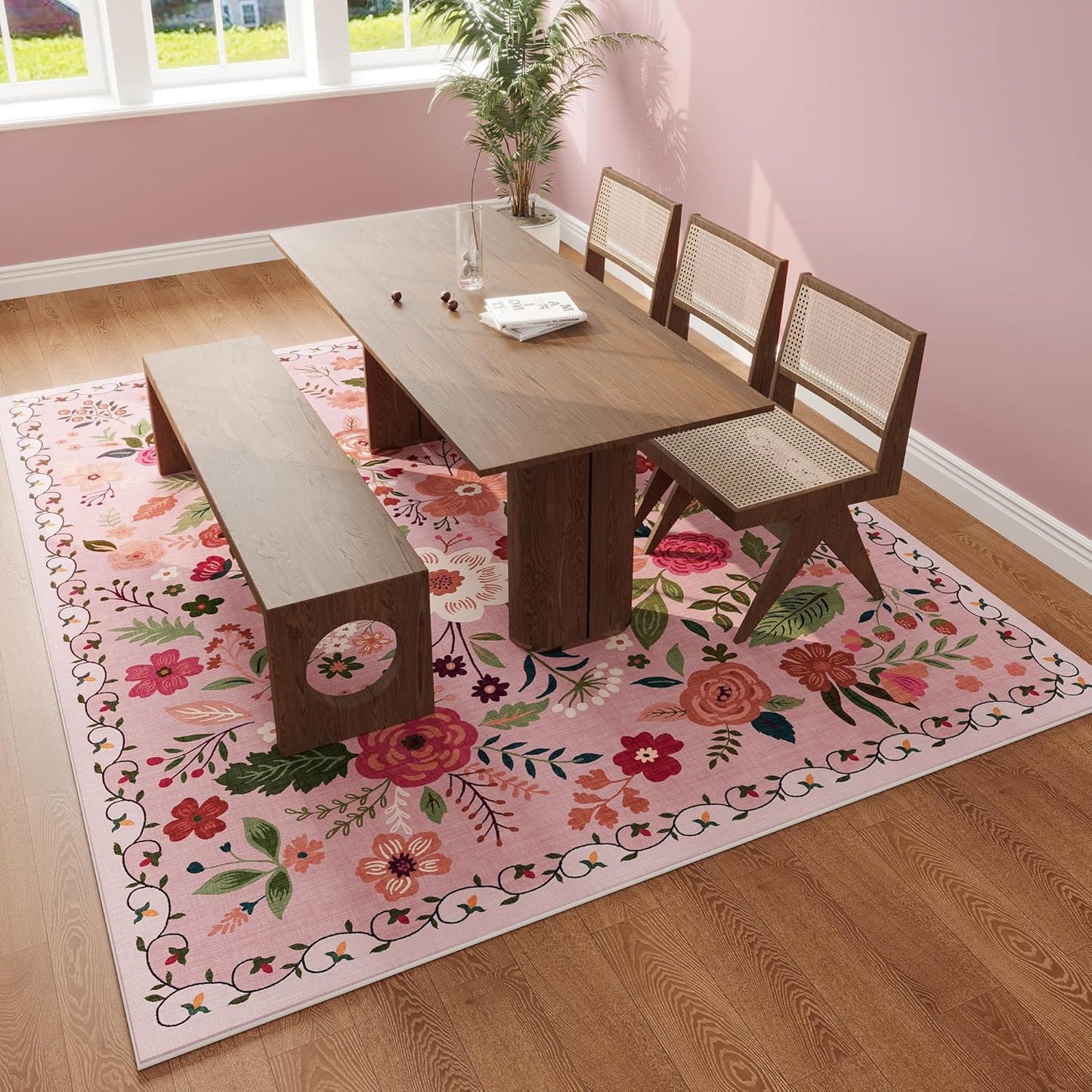 Rugcomf Living Room Rug 5x7 Rug Machine Washable Boho Area Rug Non Slip Floral Vintage Low Pile Large Rugs for Living Room, Bedroom, Farmhouse, Dining Room, Kids Playroom(Pink)