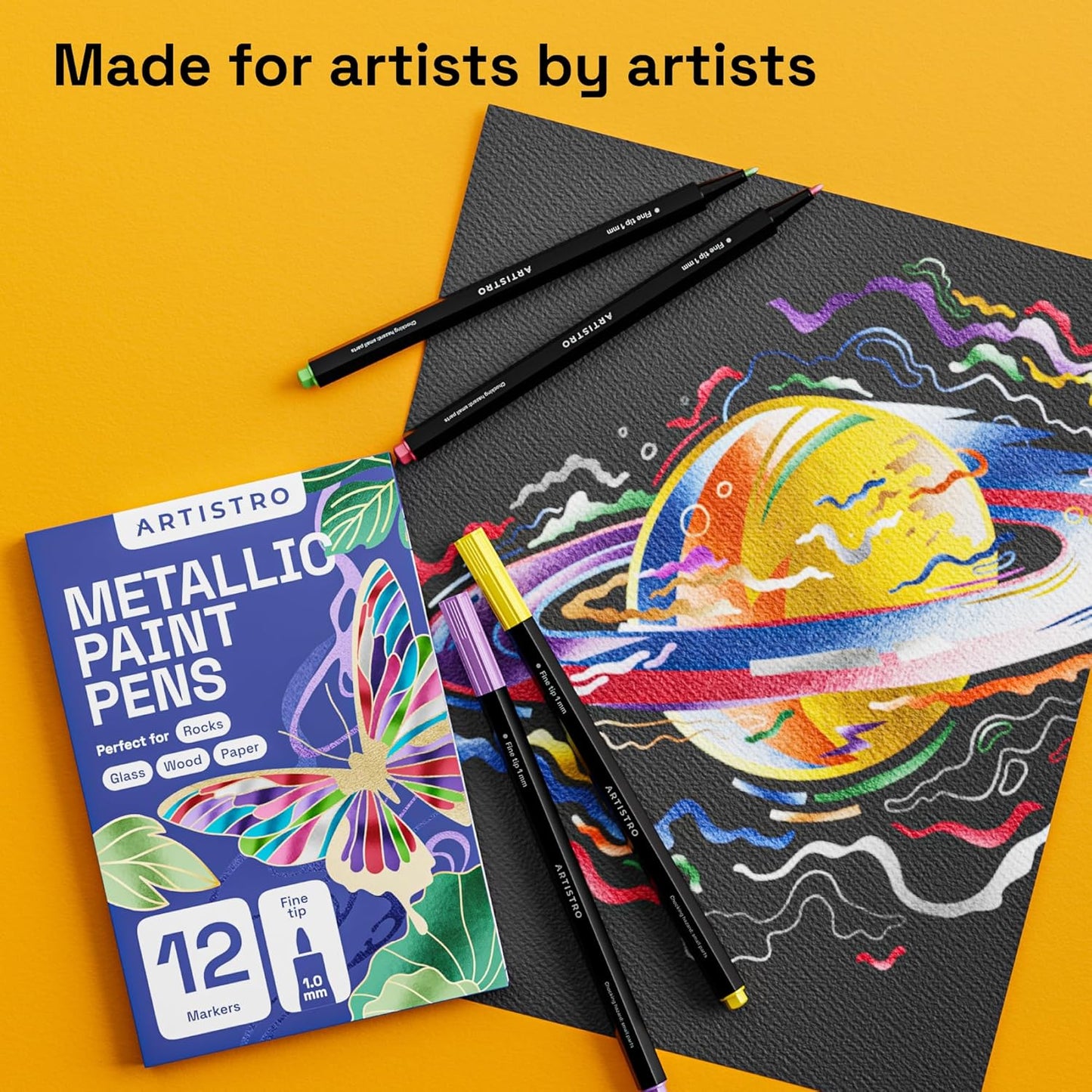 ARTISTRO 12 Metallic Markers with Fine Tip, Metallic Acrylic Paint Pens, Pre-Activated, for Kids & Adults, for Black Paper & Rocks