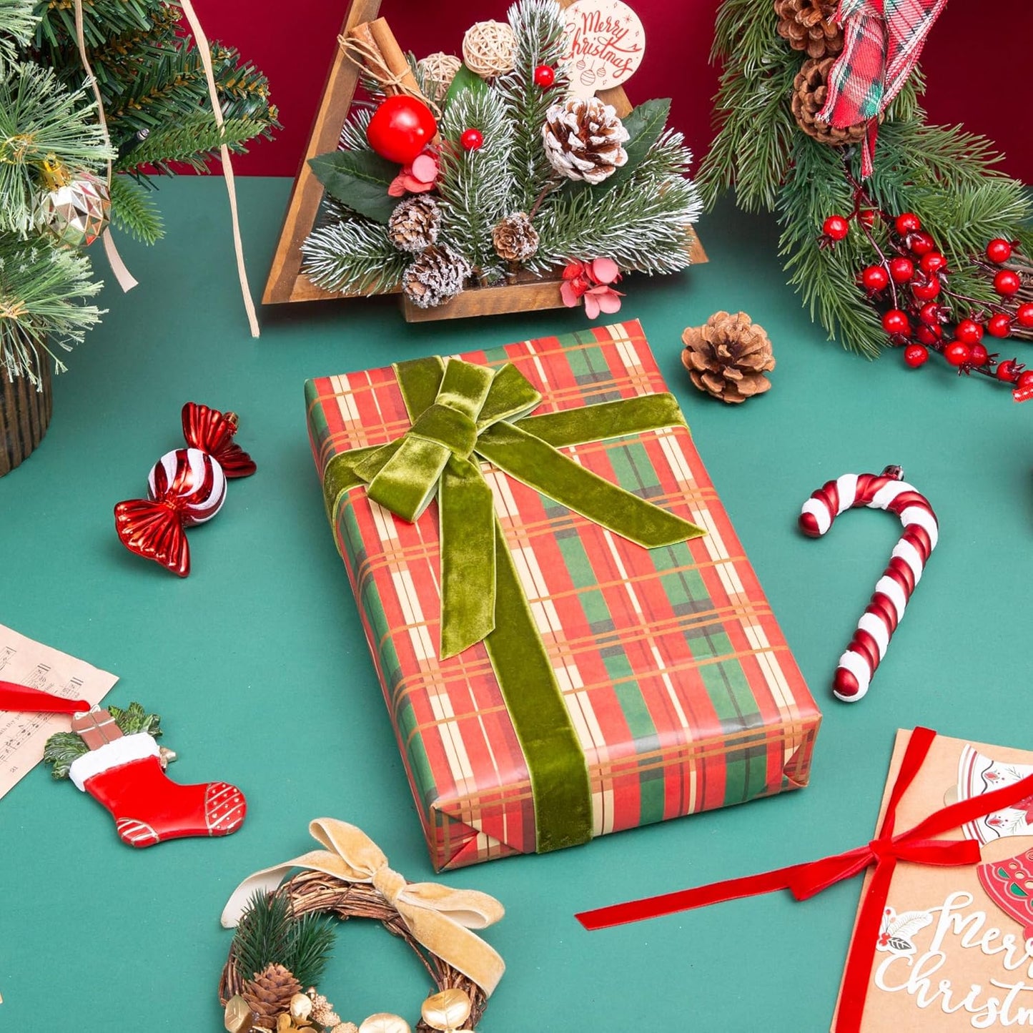 Vintage Moss Green Velvet Ribbon Christmas Ribbon for Gift Wrapping Crafts Christmas Tree Ornaments Garland Decorations, 1 Inch X 25Yd