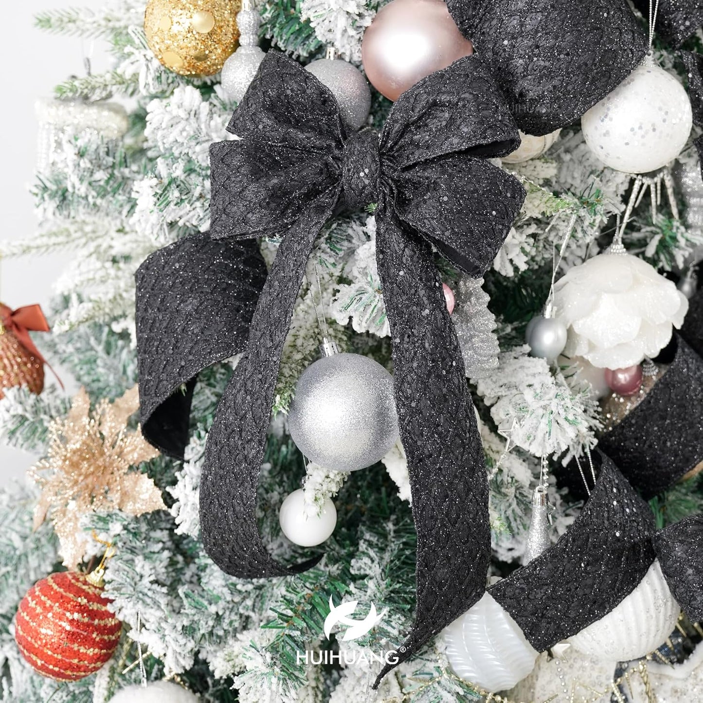 HUIHUANG Glitter Black Wired Ribbon for Christmas Tree 2.5 inch Black Diamond Mesh Wire Ribbon for Tree Decoration, Wreaths, Garland, Gift Wrapping, Bows Making, Halloween Decor -10 Yards
