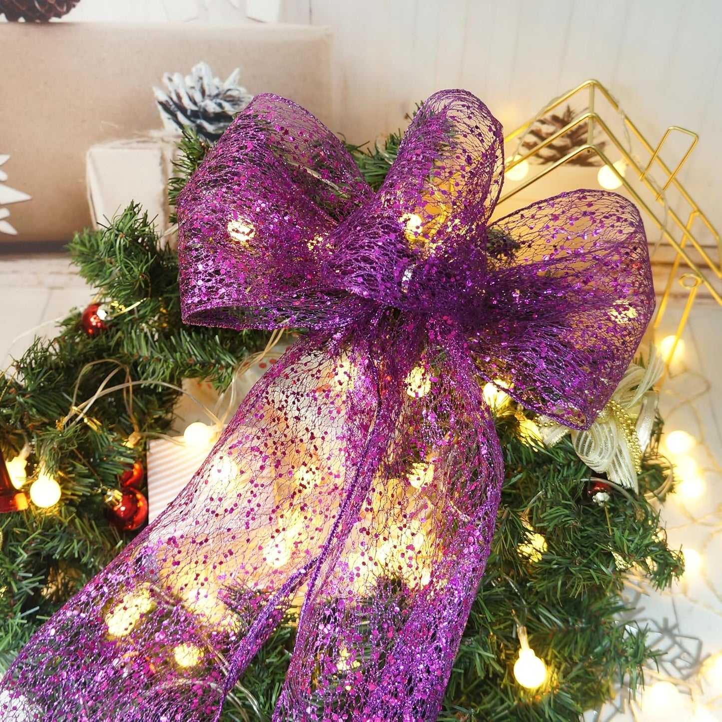CT CRAFT LLC Sparkling Glitter Mesh Wired Ribbon 6" x 10 Yards Purple for Christmas Home Decor Bow Gift Wrapping DIY Crafts Wreath