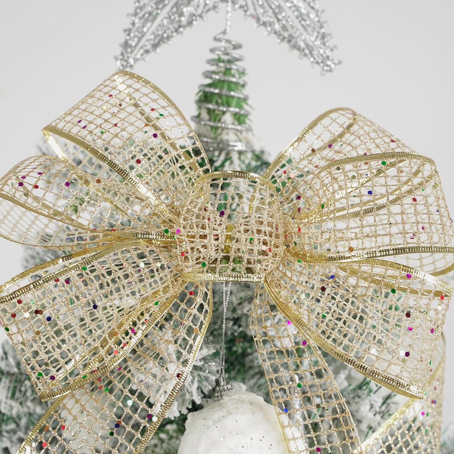 MEEDEE Champagne Gold Glitter Ribbon - 2.5 Inch Square Mesh Net Wired Ribbon with Rainbow Sparkle for Christmas Tree Decoration, Wreath Bow Making (25 Yards)