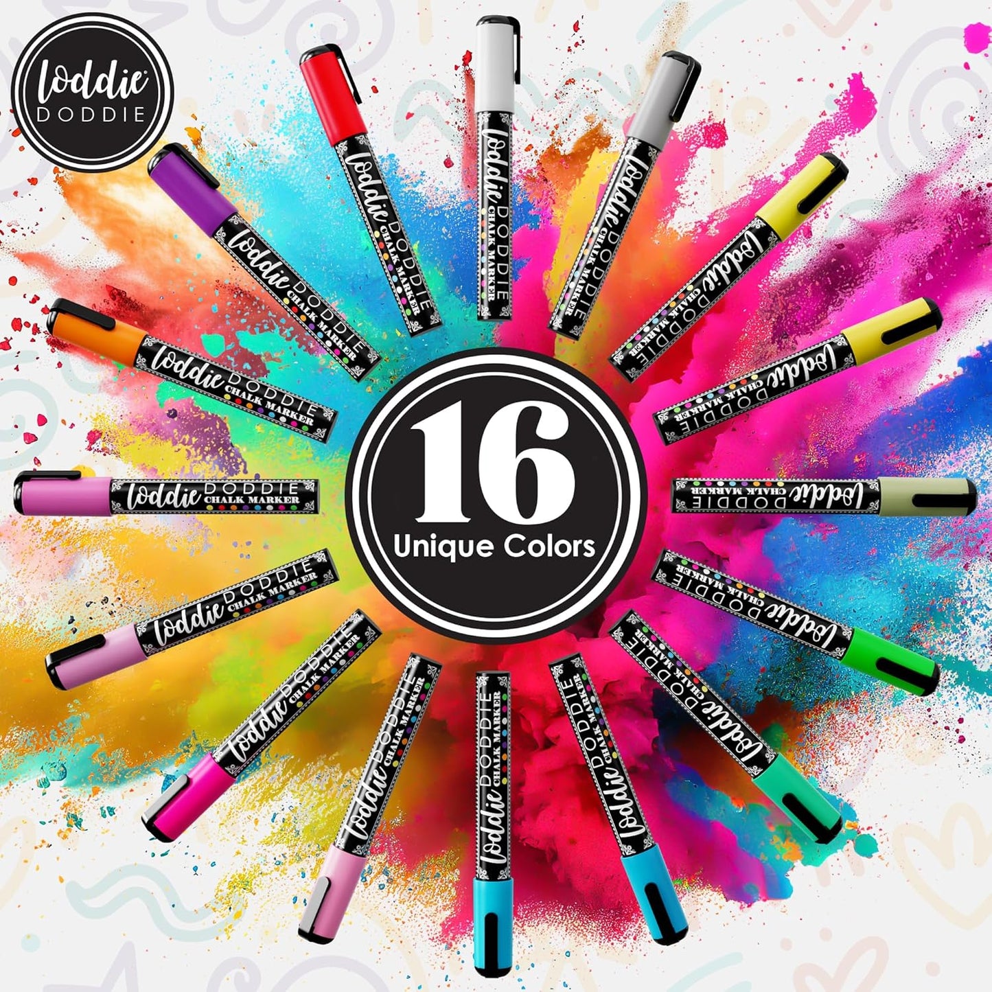 Loddie Doddie Chalk Markers - Pack of 16, 6mm Bullet & Chisel Tips Chalk Pens - Dust-Free Erasable Ink & Dry Erase Markers - Vibrant Pastel & Neon Colors - Pastel Art Pens - Fine & Bold Lines