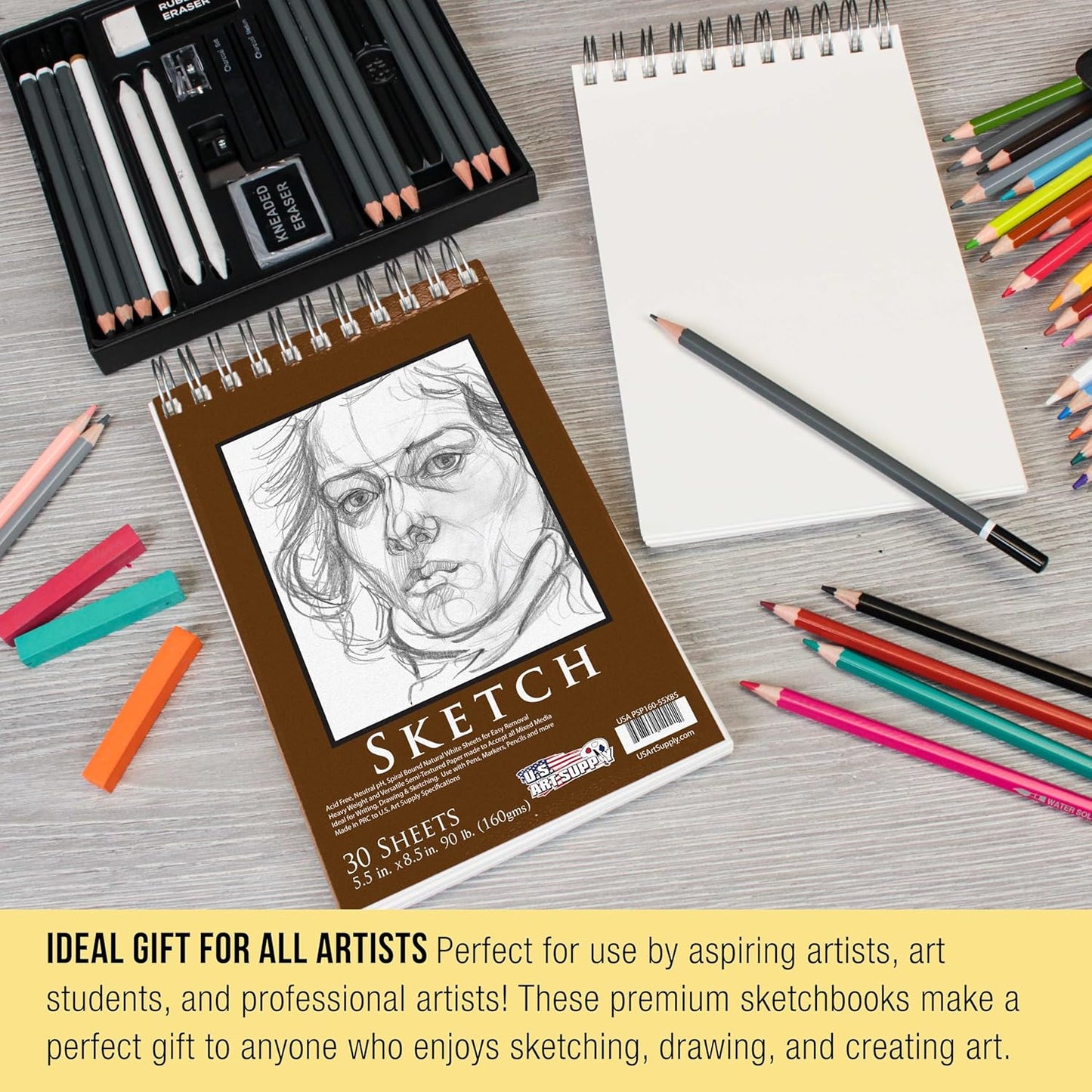 U.S. Art Supply 5.5”x8.5 Premium Heavy-Weight Paper Spiral Bound Sketch Book: 90 Pound (160gsm), 30-Sheet Drawing Pad (2 Pack)