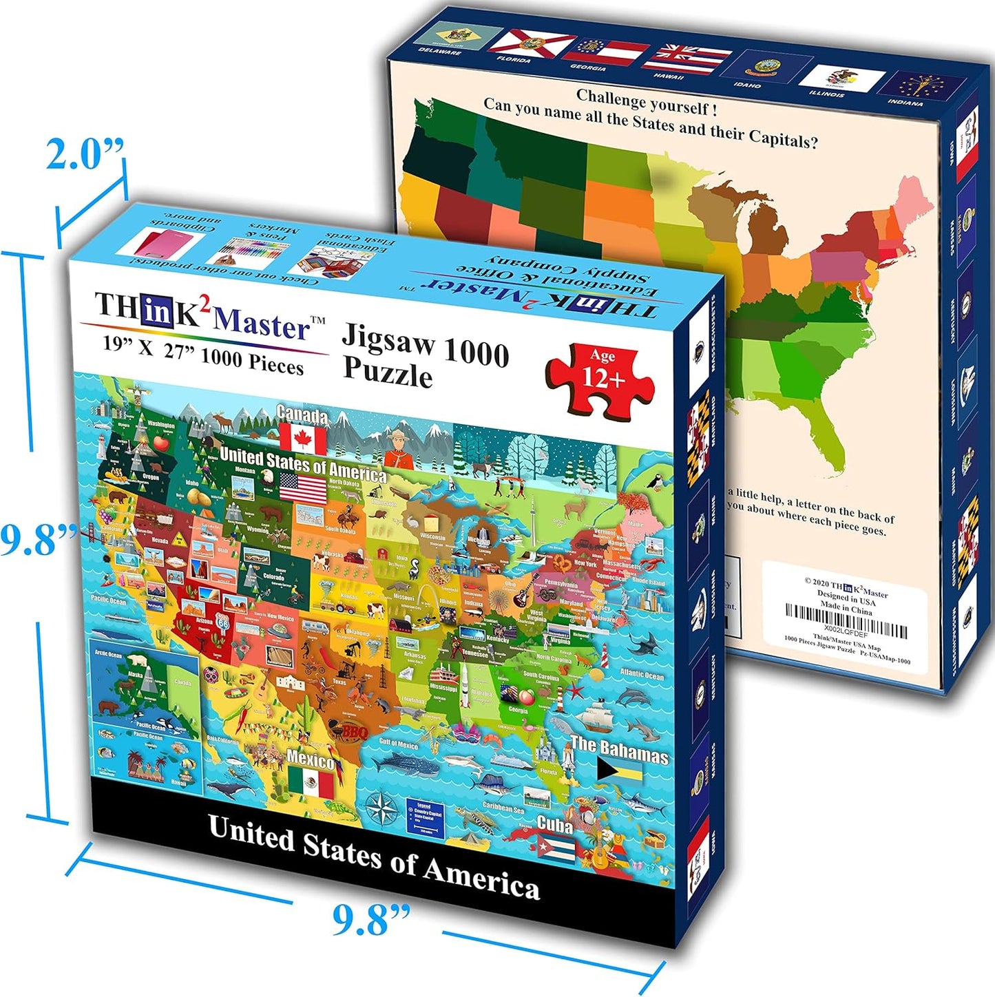 Think2Master Colorful United States Map 1000 Pieces Jigsaw Puzzle for Kids 12+, Teens, Adults & Families. Great Educational Gift for Interest in The USA Map. Size: 26.8” X 18.9”