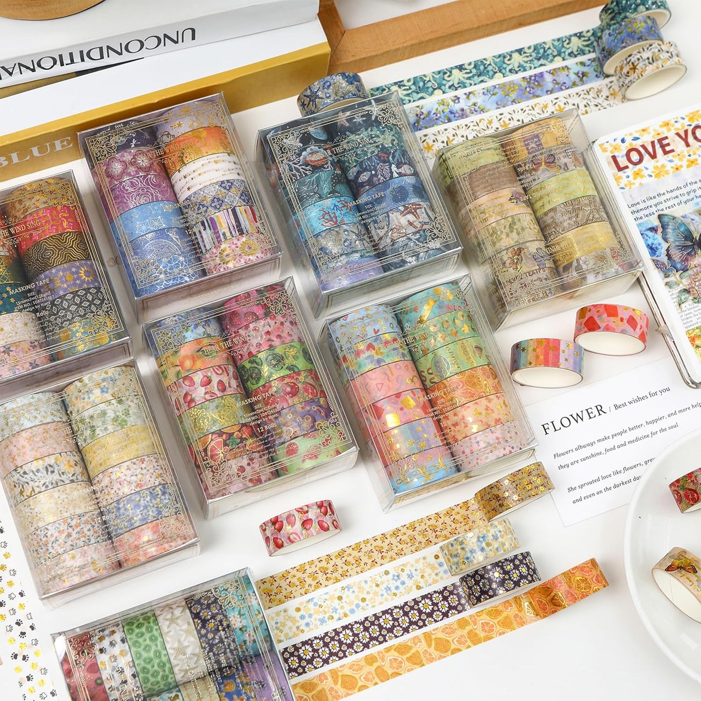 12 Rolls Charming Washi Tape Set Gold Silver Foil Detailing Arts Adhesive Tapes Basic Patterns Decorative Masking Tape Sets for Craft, Kids, Scrapbook, DIY, Gift Wrapping (Mystical Forest)