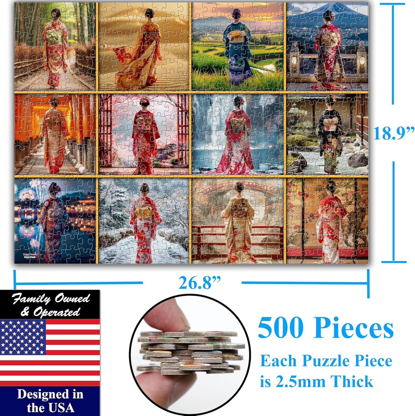 Think2Master Beautiful Kimonos from Japan 500 Pieces Large Format Jigsaw Puzzle for Kids 12+, Teens, Adults & Families. Elegant Colorful Dresses Vibrant Colors, Cultural Art Size: 26.8” X 18.9”