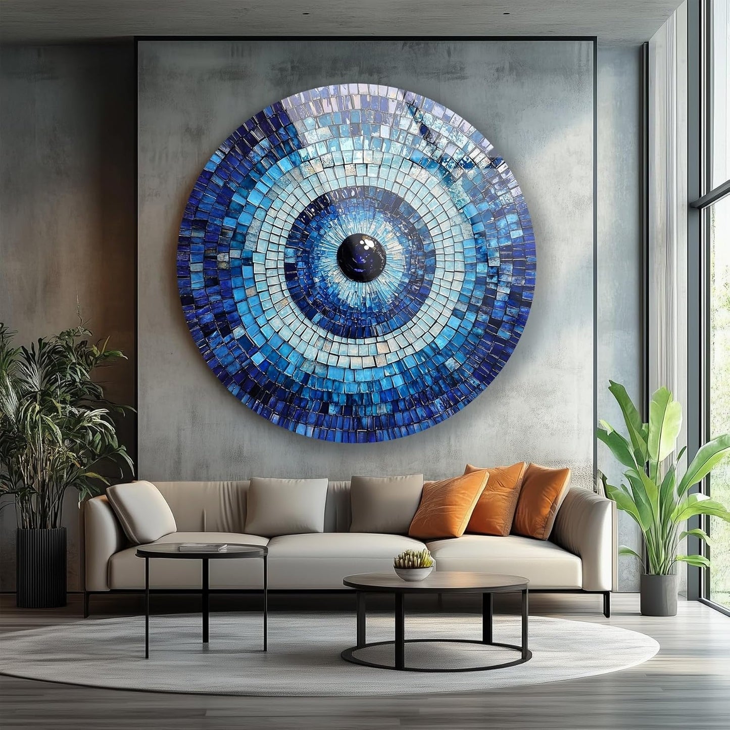 My Photostation.com 20''(50cm) Diameter Blue Mosaic Evil Eye Round Glass Wall Art Tempered Glass Printing Wall Decor Large Wall Art Wall Hangings