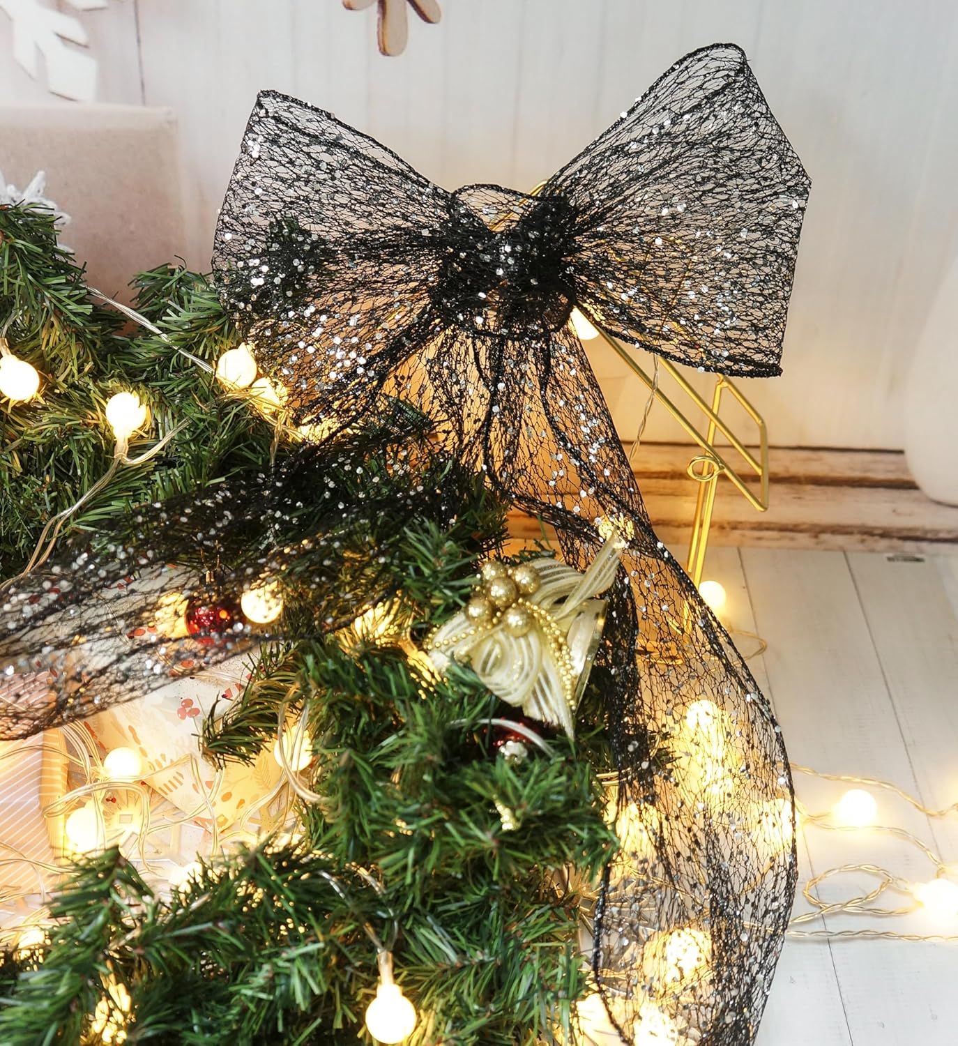 CT CRAFT LLC Sparkling Glitter Mesh Wired Ribbon 6" x 10 Yards Black for Christmas Home Decor Bow Gift Wrapping DIY Crafts Wreath