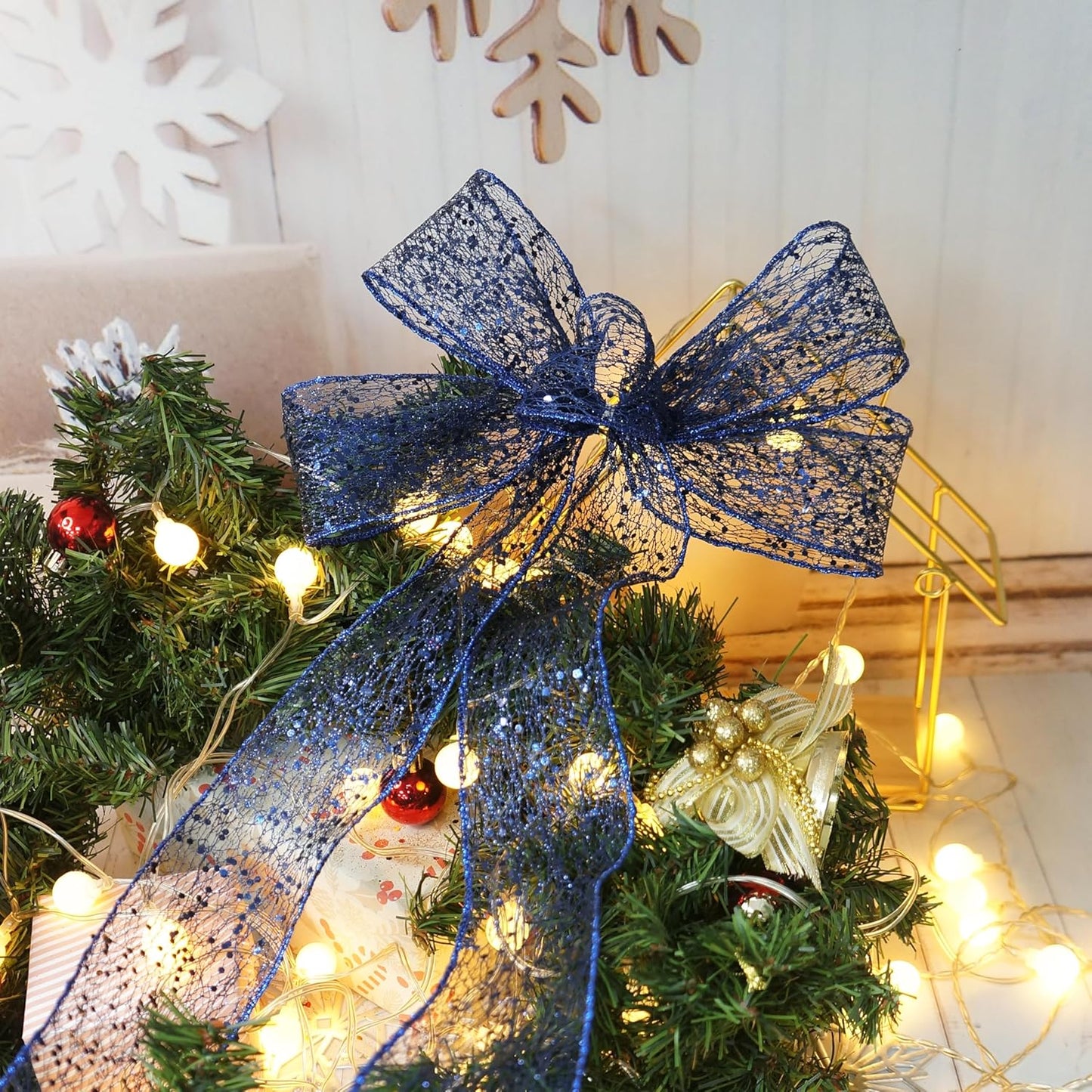 CT CRAFT LLC Sparkling Glitter Mesh Wired Ribbon 2.5" x 20 Yards Blue Navy for Christmas Home Decor Bow Gift Wrapping DIY Crafts Wreath