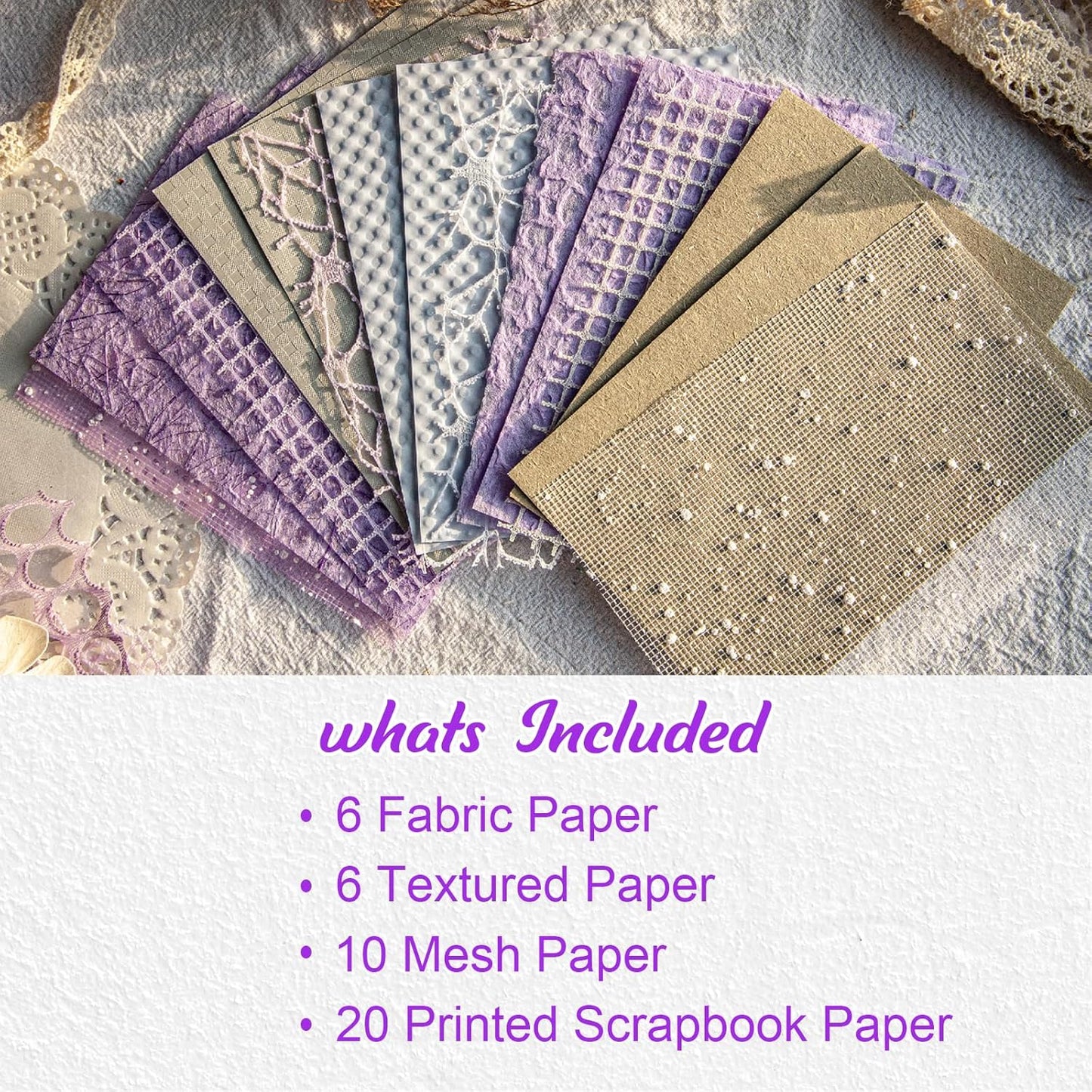 42 Sheets Textured Scrapbook Paper and Mesh Fabric Assorted Set, Junk Journal Supplies Assorted Set, Special Paper for Scrapbooking Materials Card Embellishments 3.9x5.5 Inch (Purple)
