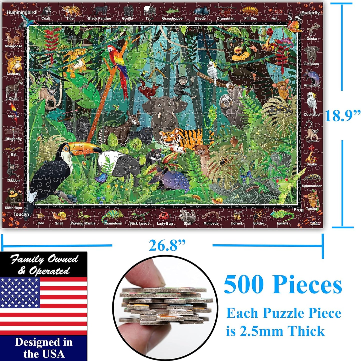 Think2Master Colorful Rainforest Jungle Zoo Animals 500 pieces Large Format Jigsaw Puzzle for kids 12+, teens, adults & families. Great gift for stimulating learning about animals. Size: 26.8” X 18.9”