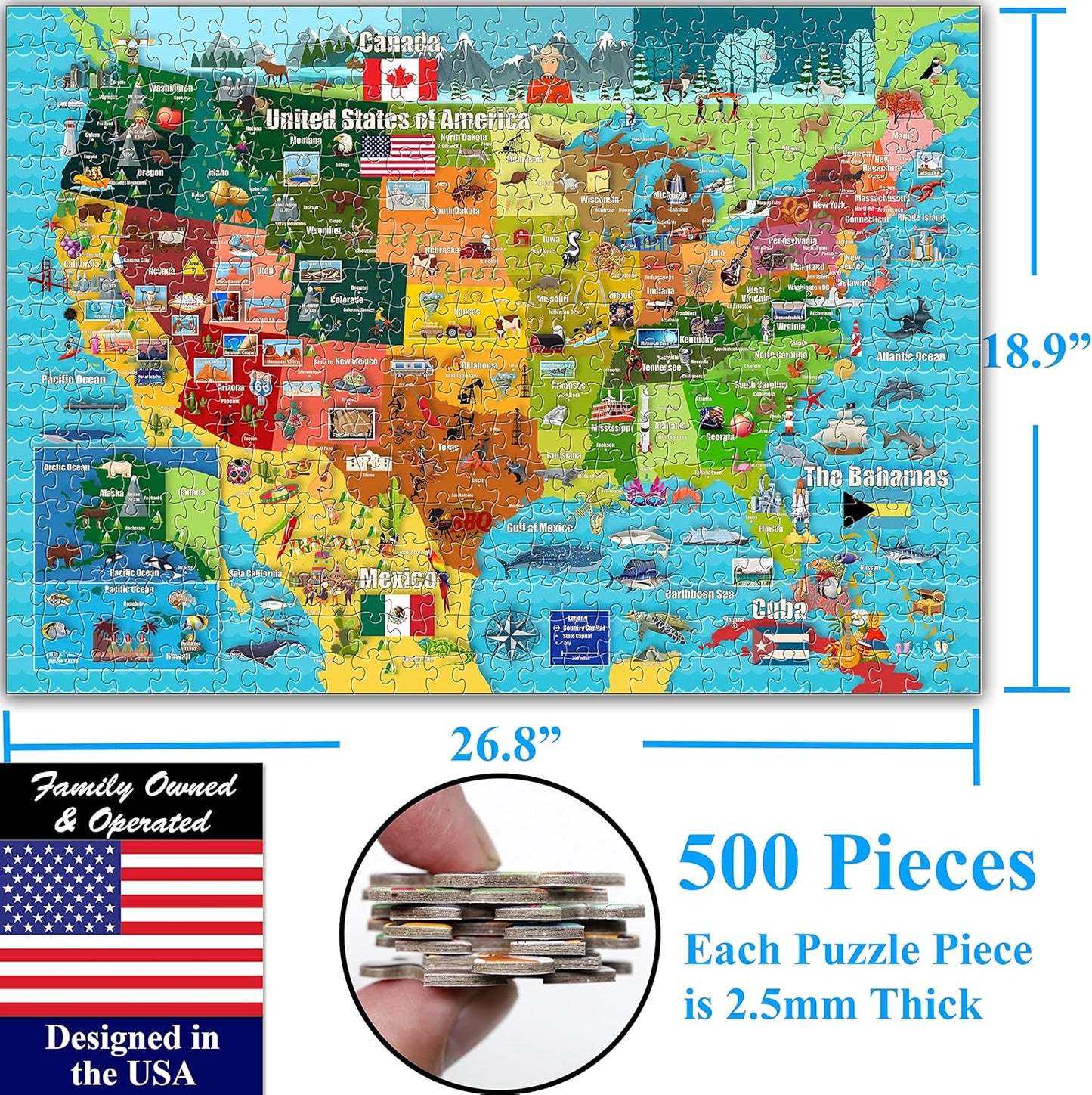 Think2Master Colorful United States Map 500 Pieces Large Format Jigsaw Puzzle for Kids 12+, Teens, Adults & Families. Great Gift for stimulating Interest in The USA Map. Size: 26.8” X 18.9”