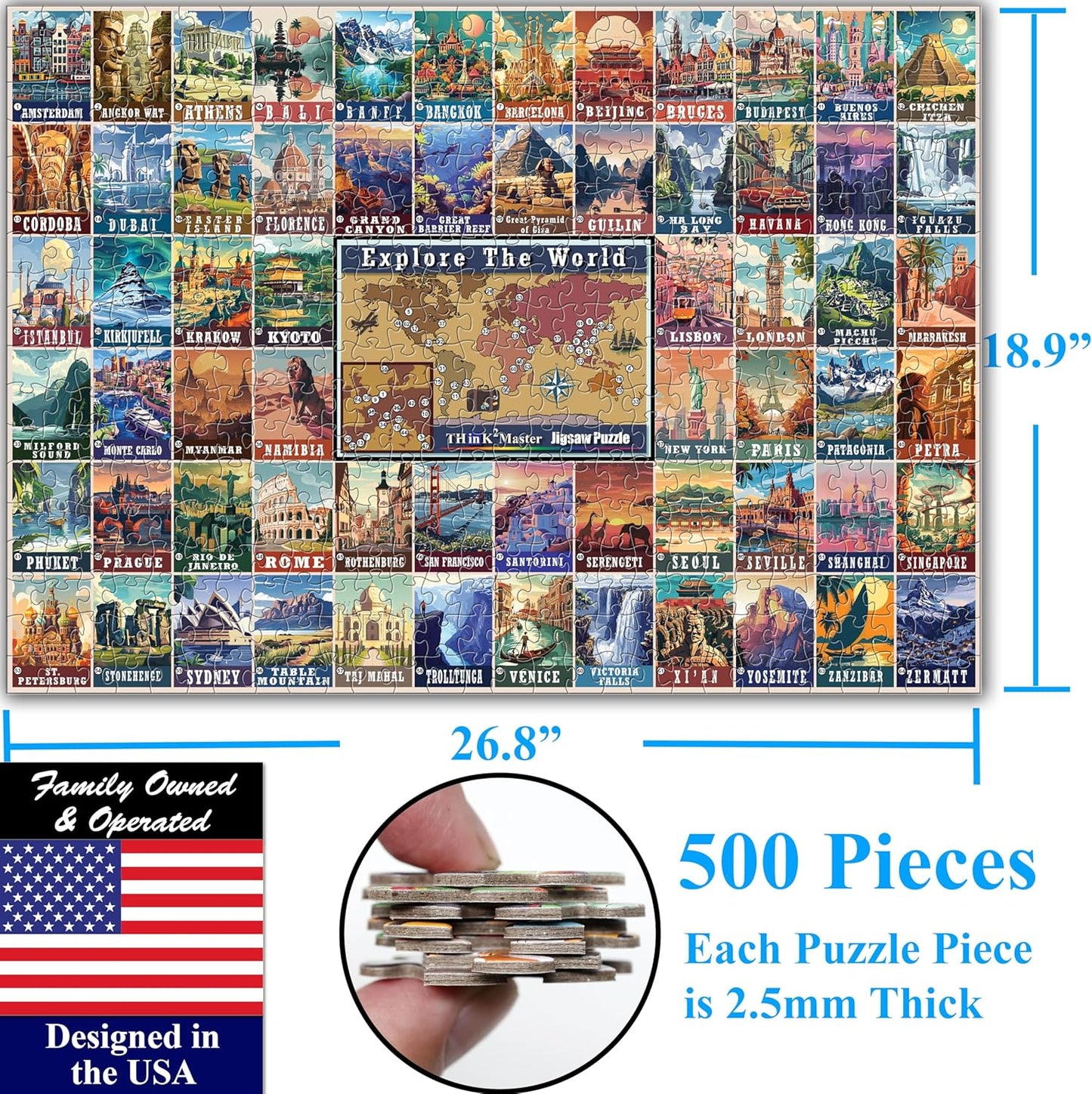 Think2Master Colorful Vintage World Travel Poster 500 pieces Large Format Jigsaw Puzzle for kids 12+, teens, adults & families. Great gift for people intent in traveling the World. Size: 26.8” X 18.9”