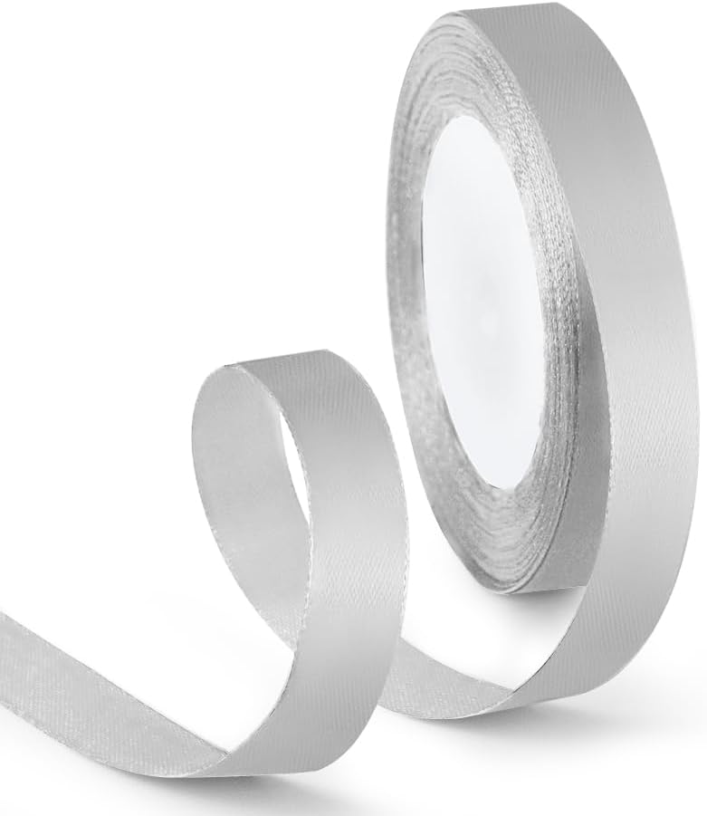 5/8 Inch 25 Yards Satin Ribbon Silver, Solid Color Fabric Ribbon for Gift Wrapping, Wedding, Polyester Gift Ribbon for Birthday Party Decoration, Craft, Hair, Floral, Sewing
