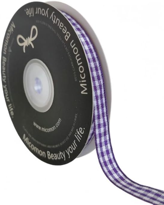 Micomon Dark Purple and White Woven Edge Plaid Ribbon 100% Polyester Gingham Ribbon 25 Yards Each Roll (3/8",Grape)