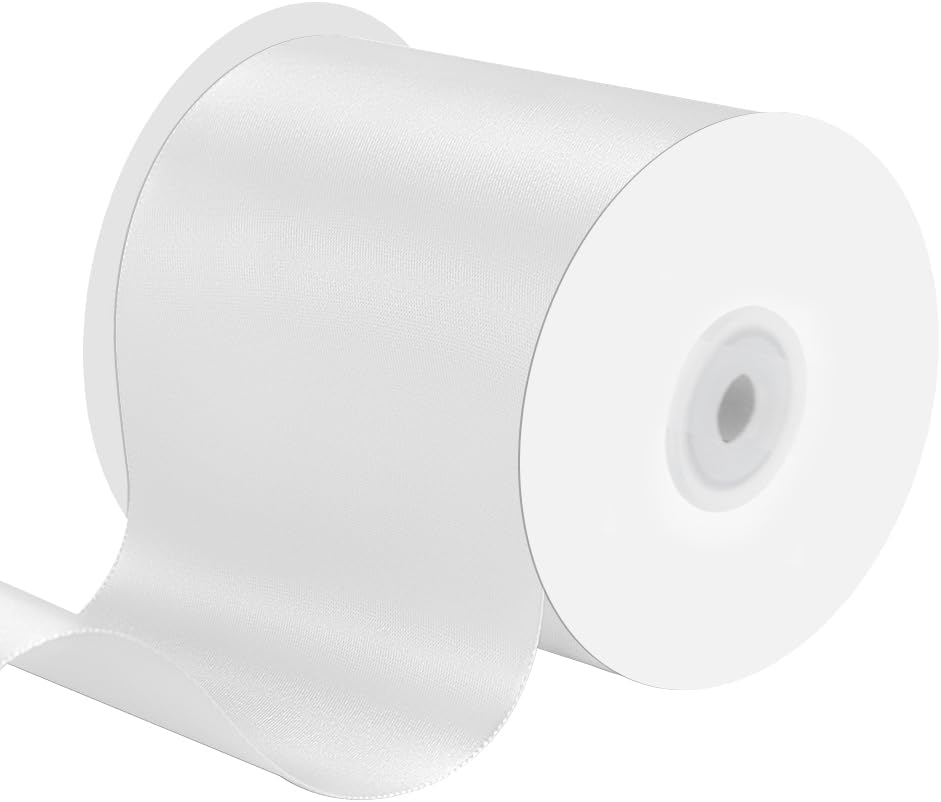 4 Inches x 25 Yards Polyester Satin Ribbon, Solid Color White Satin Ribbon for Crafts, Gift Wrapping, Hair Bows, Wedding Party Decoration, Bow Making (White)