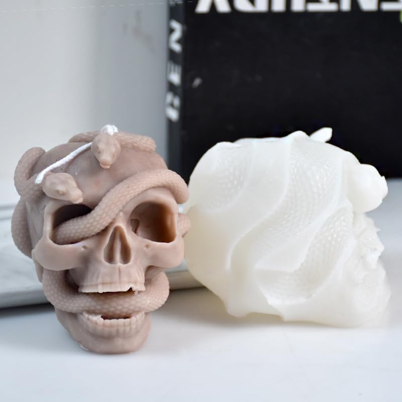 Halloween Snake Winding Skull Candle Silicone Mold, DIY 3.7 Inch Ghost Skull Candle Making Wax Moulds Gypsum Ornament Resin Soap Molds Casting Art Home Decor