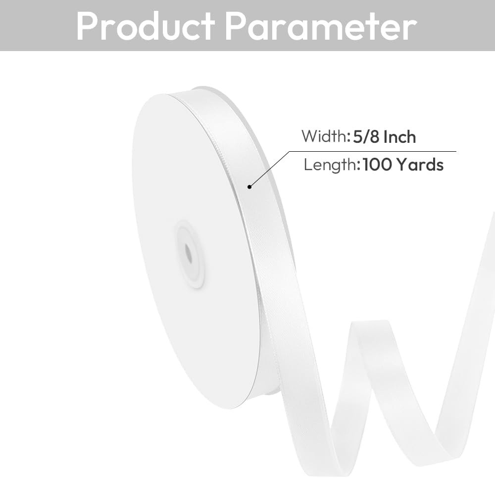 5/8" Width x 100 Yards Satin Ribbon, White Ribbon Perfect for DIY Craft, Bows, Gift Wrapping, Flower Bouquet, Valentine's Day, Christmas and Party Decoration