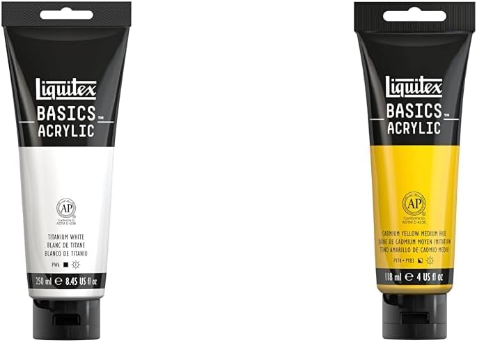 Liquitex BASICS Acrylic Paint, 250ml (8.5-oz) Tube, Titanium White BASICS Acrylic Paint, 118ml (4-oz) Tube, Cadmium Yellow Medium Hue