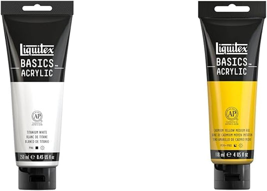 Liquitex BASICS Acrylic Paint, 250ml (8.5-oz) Tube, Titanium White BASICS Acrylic Paint, 118ml (4-oz) Tube, Cadmium Yellow Medium Hue
