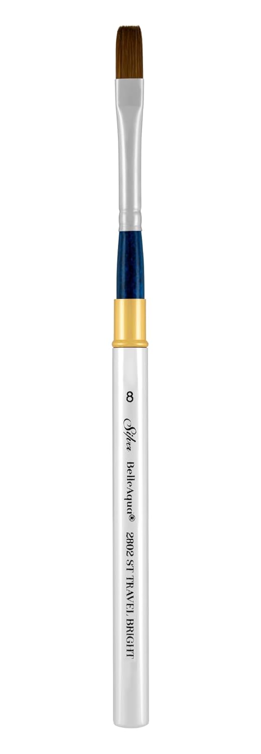 Silver Brush Limited 2802ST-8 BelleAqua Short Handle Bright Travel Brush with Soft Red Sable Synthetic Bristles, Professional Artist Watercolor Brush, Also for Acrylic, Gouache, Inks, & Dyes, Size 8