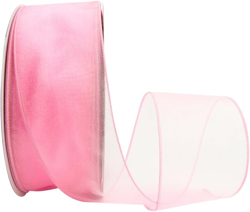 Ribbon Bazaar Sheer Organza Wired Ribbon - 100% Polyester Wire Edged Ribbon for Floral Decor, Table Arrangements, Apparel Embellishment & More - 2-1/2" Pink 50yd
