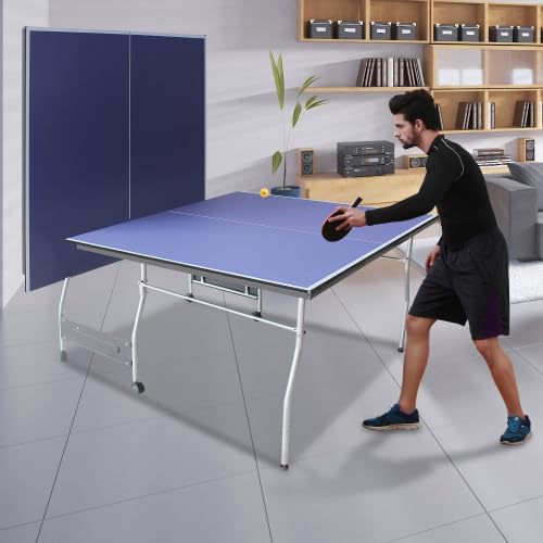 8ft/9ft Mid-Size Table Tennis Table Foldable & Portable Ping Pong Table Set for Indoor Games with Net, 2 Table Tennis Paddles and 3 Balls