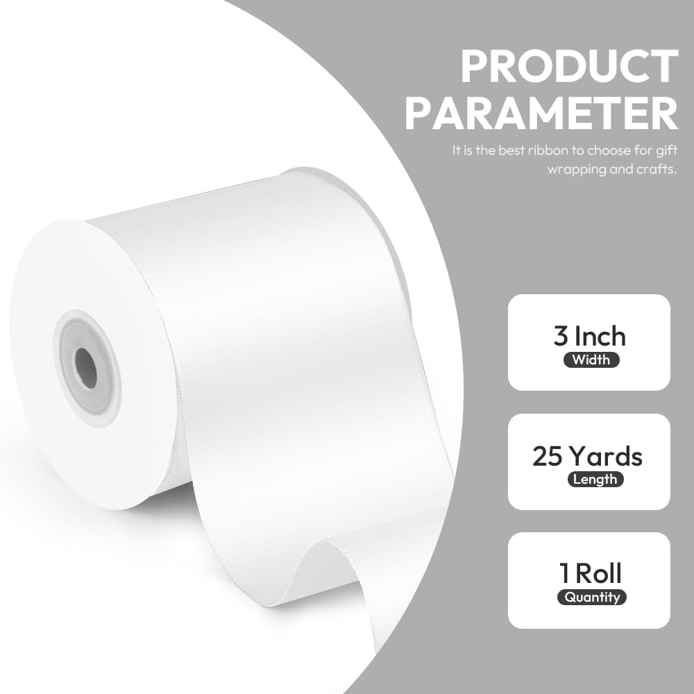 3 Inch x 25 Yard White Satin Ribbon - Perfect for Gift Wrapping, Cutting Ribbons, Ceremony Décor, Wedding Bouquets, Embroidery, Christmas Crafts & Sewing Projects