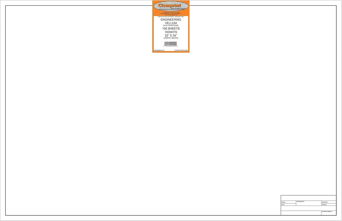 Clearprint 22" x 34" 1000H Design Vellum Sheets with Engineer Title Block, 16 lb., 100% Cotton, 100 Sheets Per Pack, 1 Each