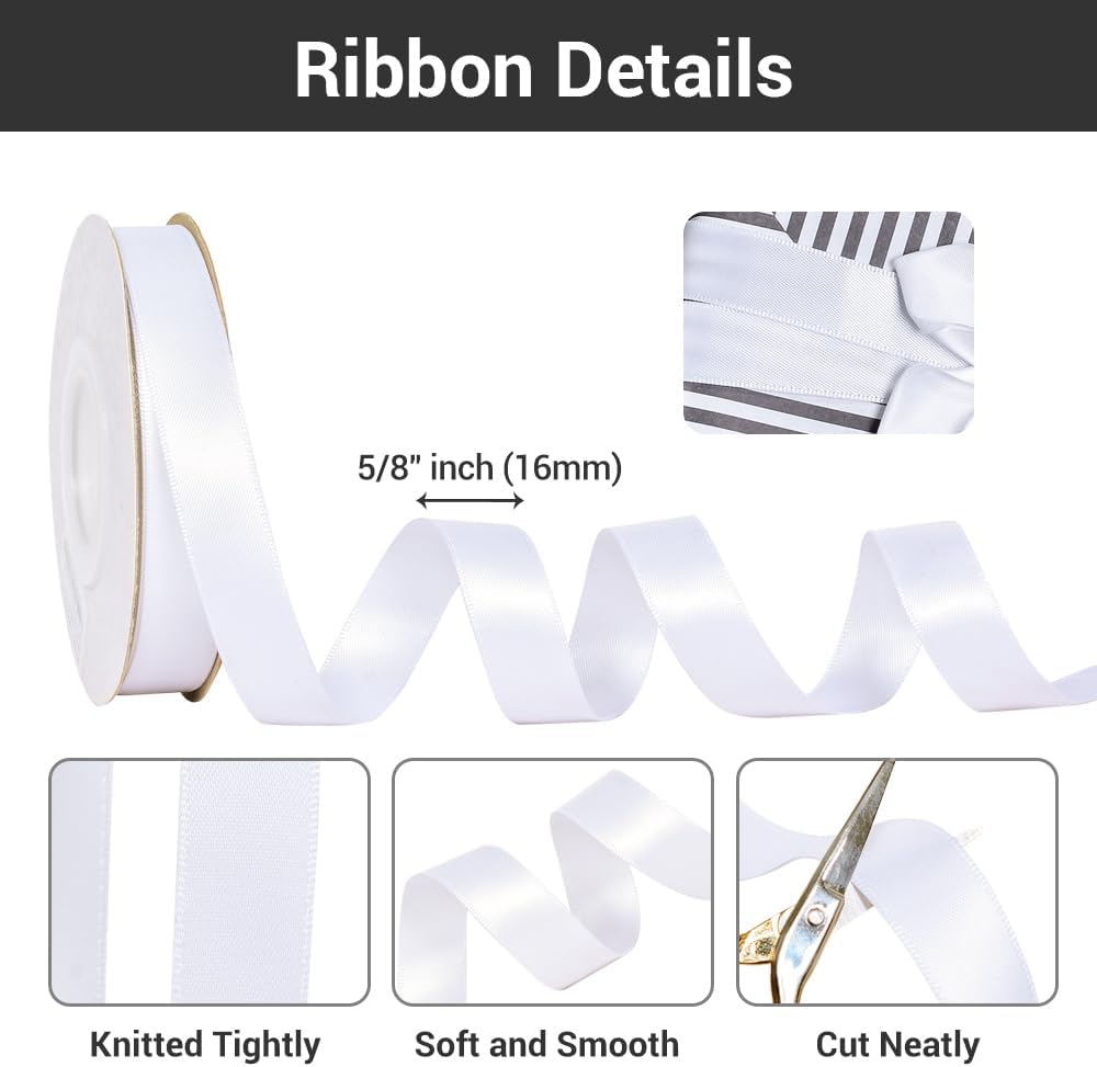 YAMA White Double Face Satin Ribbon 5/8 inch 25 Yards White Ribbon for Gift Package Wrapping Floral Design Hair Bow Clip Making Crafting Sewing Wedding Decor