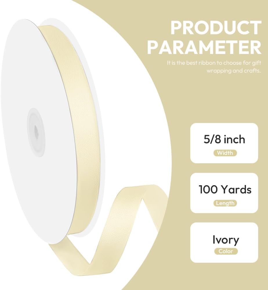 5/8" x 100 Yards Satin Ribbon - Ivory Silk Ribbon with Spool - Ideal for Gift Wrapping, Floral Bouquets, Crafts, Wedding Party Decorations, Christmas and Sewing Projects