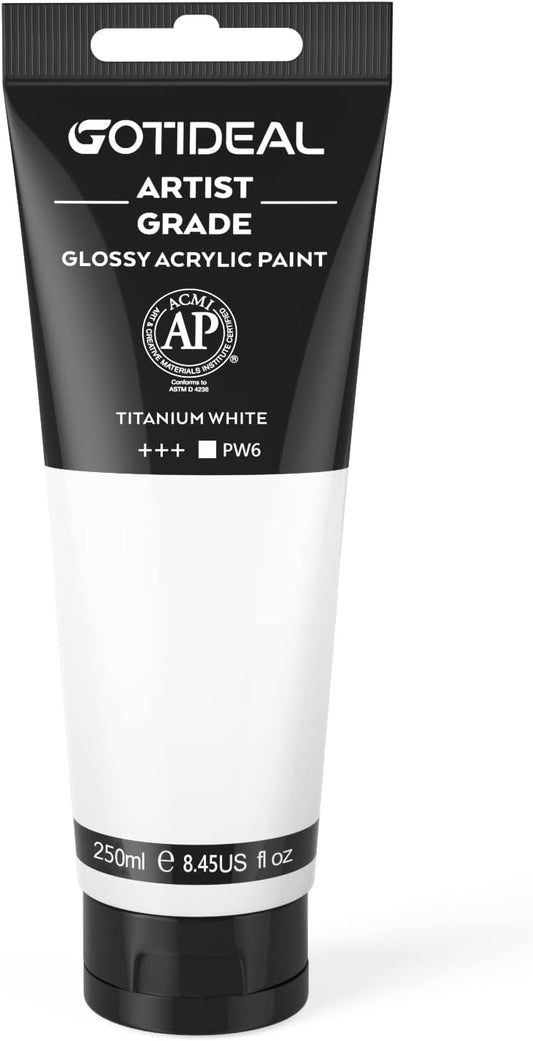 GOTIDEAL Acrylic Paint Titanium White Tubes(250ml, 8.79 oz) Non Toxic Non Fading,Rich Pigments for Painters, Adults & Kids, Ideal for Canvas Wood Clay Fabric Ceramic Craft Supplies