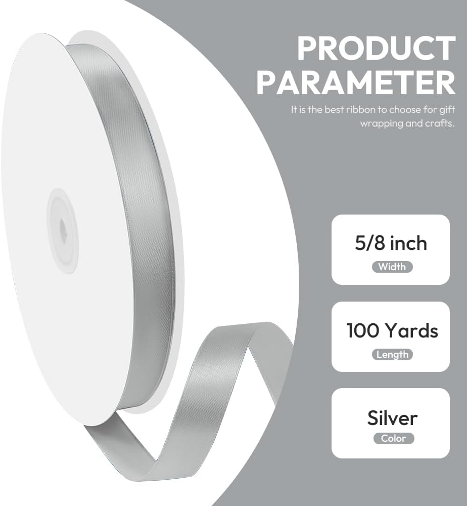 5/8" x 100 Yards Satin Ribbon - Silver Silk Ribbon with Spool - Ideal for Gift Wrapping, Floral Bouquets, Crafts, Wedding Party Decorations, Christmas and Sewing Projects