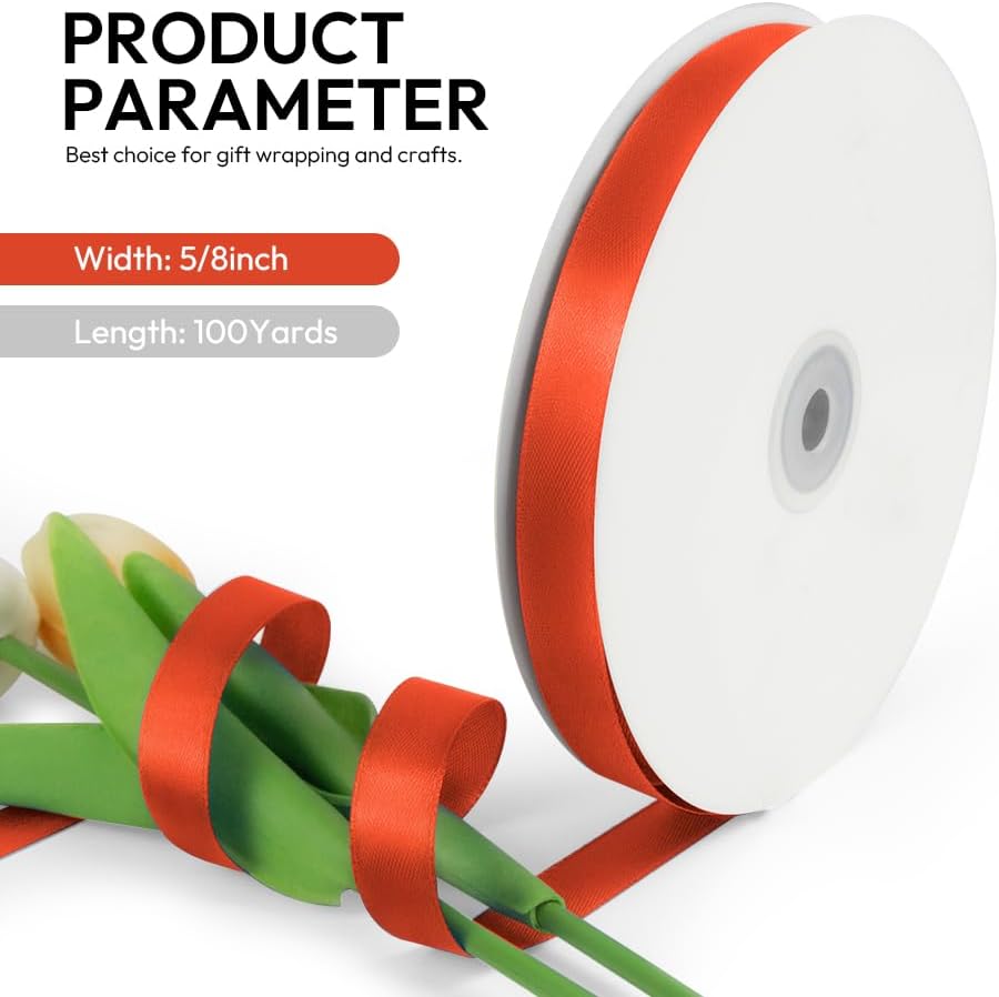 5/8 Inch 100 Yards Satin Ribbon Autumn Orange, Solid Color Fabric Ribbon for Gift Wrapping, Wedding, Polyester Gift Ribbon for Birthday Party Decoration, Craft, Hair, Floral, Sewing