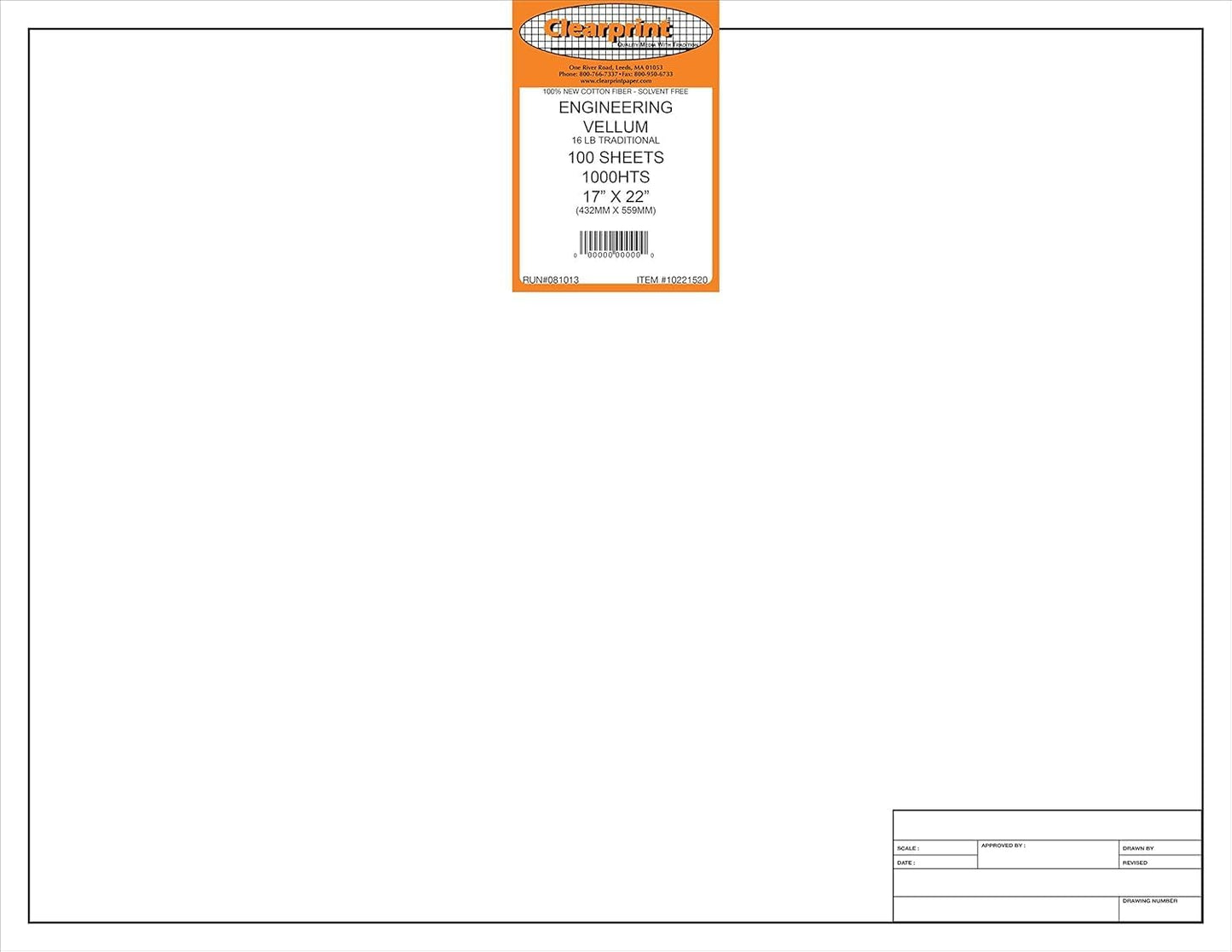 Clearprint 17" x 22" 1000H Design Vellum Sheets with Engineer Title Block, 16 lb., 100% Cotton, 100 Sheets Per Pack, 1 Each