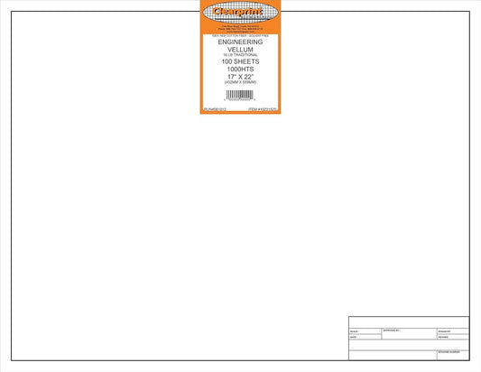 Clearprint 17" x 22" 1000H Design Vellum Sheets with Engineer Title Block, 16 lb., 100% Cotton, 100 Sheets Per Pack, 1 Each