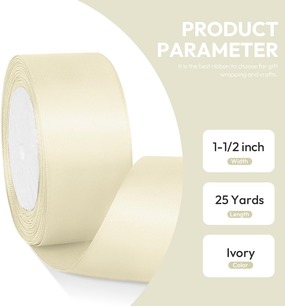 1-1/2" x 25 Yards Satin Ribbon, Ivory Silk Ribbon Ideal for Gift Wrapping, Floral Bouquets, Crafts, Wedding Party Decorations, Christmas and Sewing Projects