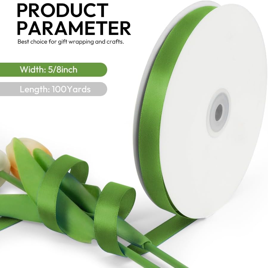 5/8 Inch 100 Yards Satin Ribbon Army Green, Solid Color Fabric Ribbon for Gift Wrapping, Wedding, Polyester Gift Ribbon for Birthday Party Decoration, Craft, Hair, Floral, Sewing