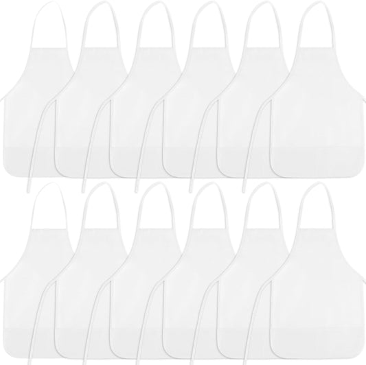 12 Pieces White Kids Painting Aprons Kid Art Apron with 2 Roomy Pockets Kids Aprons for Painting Activity Kitchen Crafts
