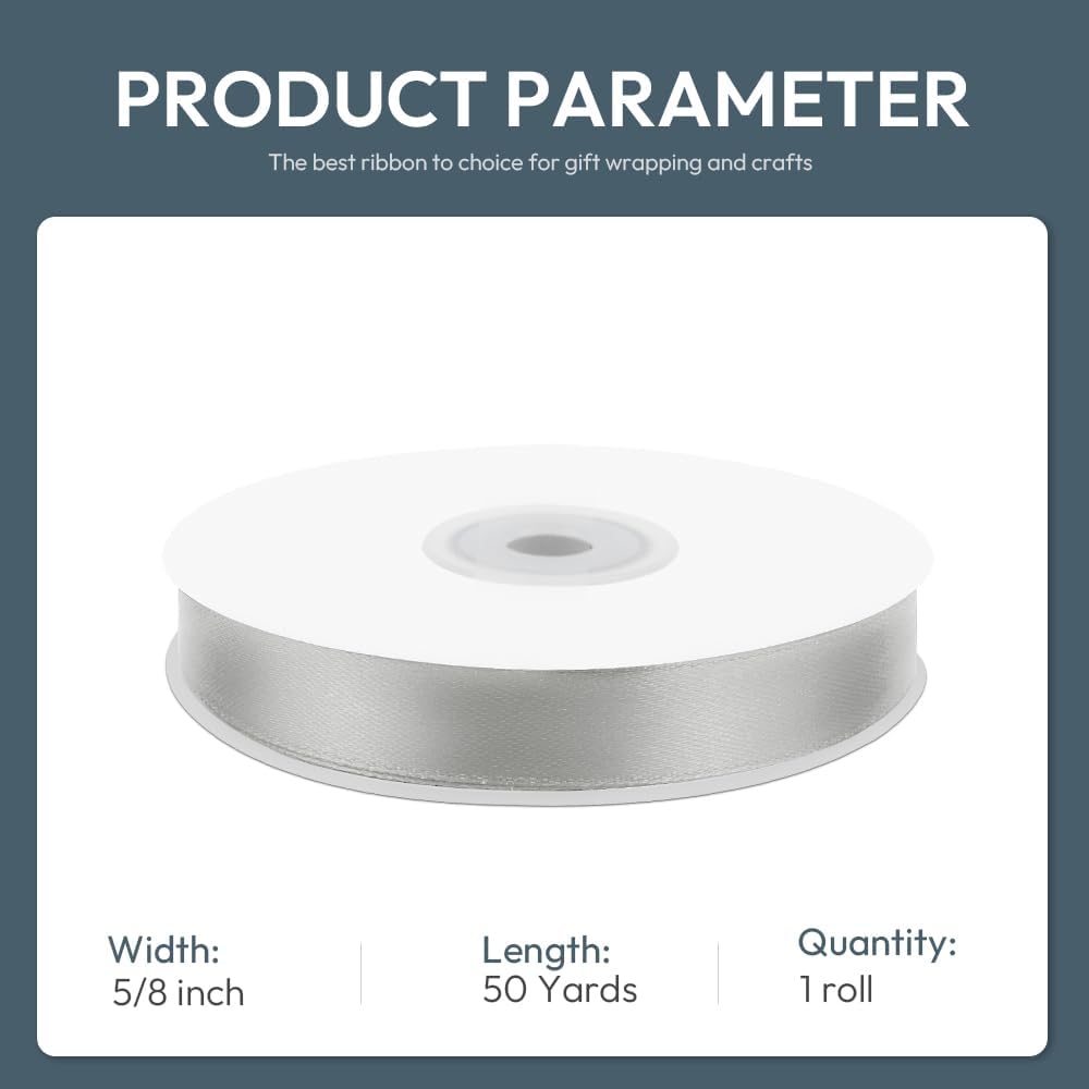 KMER LIFE 5/8" Wide x 50 Yards Silvery Single Faced Polyester Satin Ribbon, Silvery Satin Ribbon Perfect for Wedding Decor, Wreath, Crafts, Gift Wrapping & Other Projects (Silvery)
