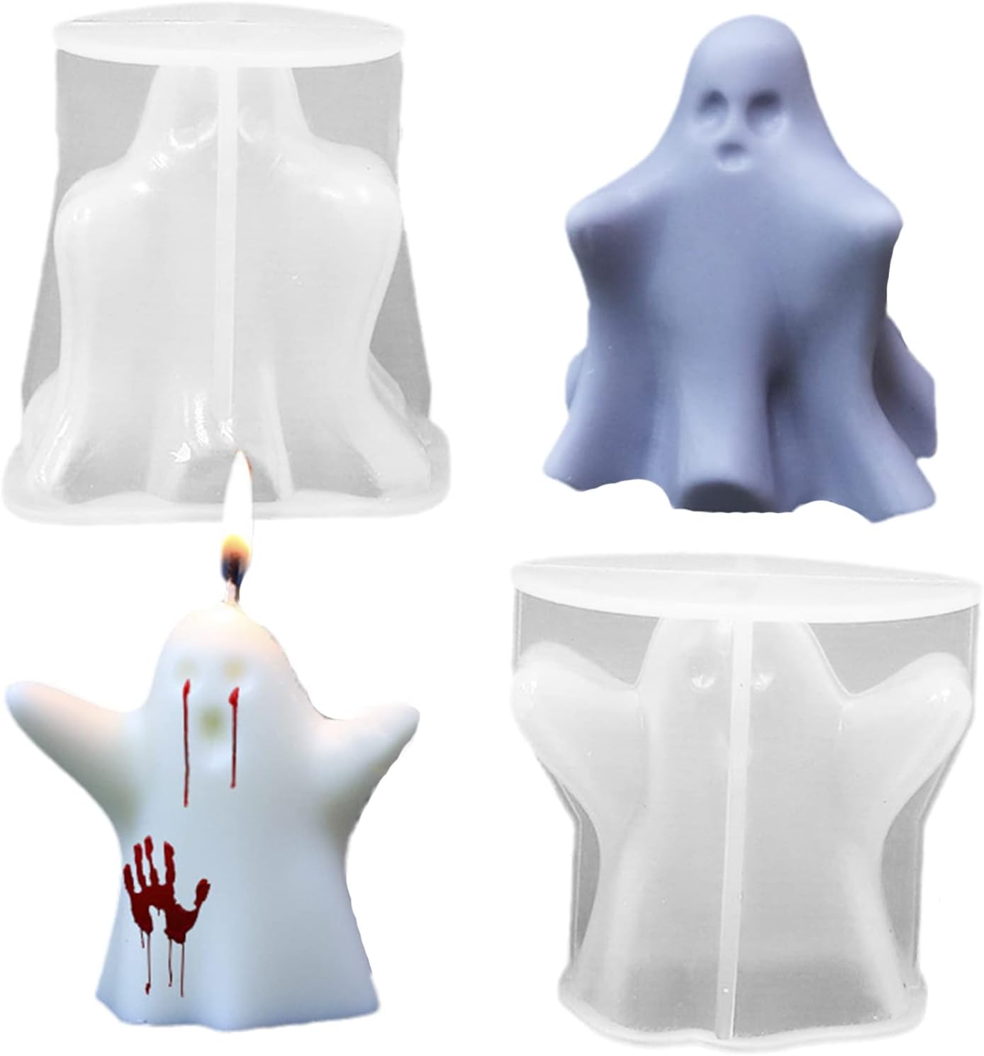 Silicone Candle Molds Set, 2 Pieces Ghost Halloween Molds and 20 Pieces Candle Wick, Horror Skull Handmade Soap Gypsum Mould for Scented Candle Making Home Decoration Supplies