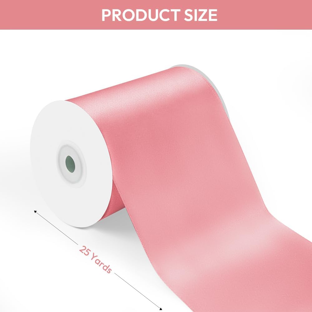 4" Width x 25 Yards Satin Fabric Ribbon, Pink Ribbon Perfect for Wedding Car, Chair Sash, Grand Opening Ceremony, Big Bows, Embroidery, Floral Crafts, Party Decoration