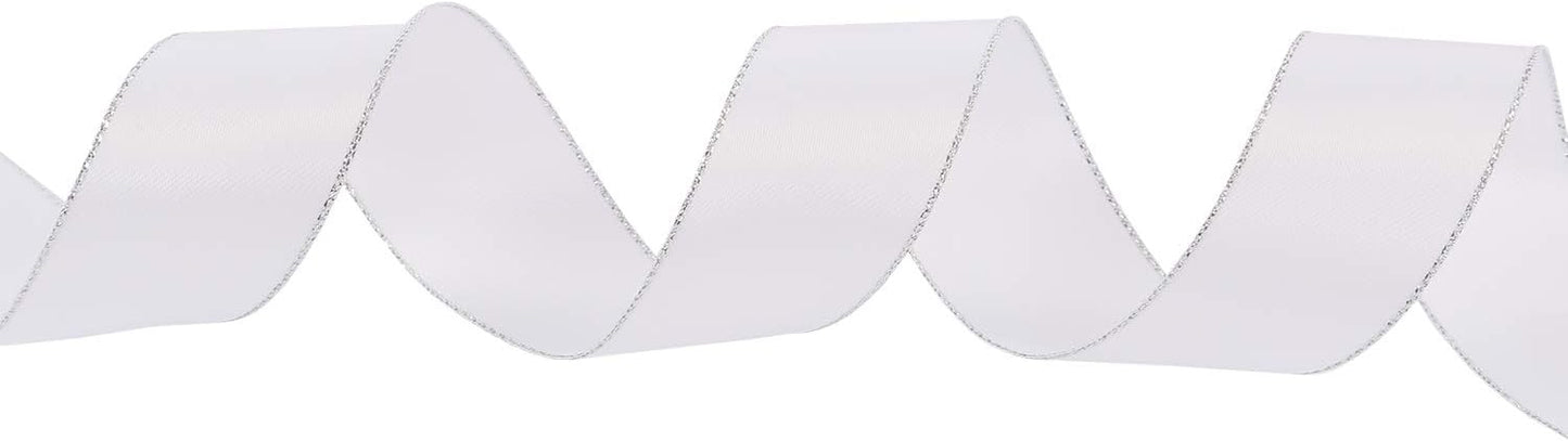 ITIsparkle 1" Inch Double Faced Satin Ribbon 25 Yards with Silver Edges, 1" X 25Yd - White