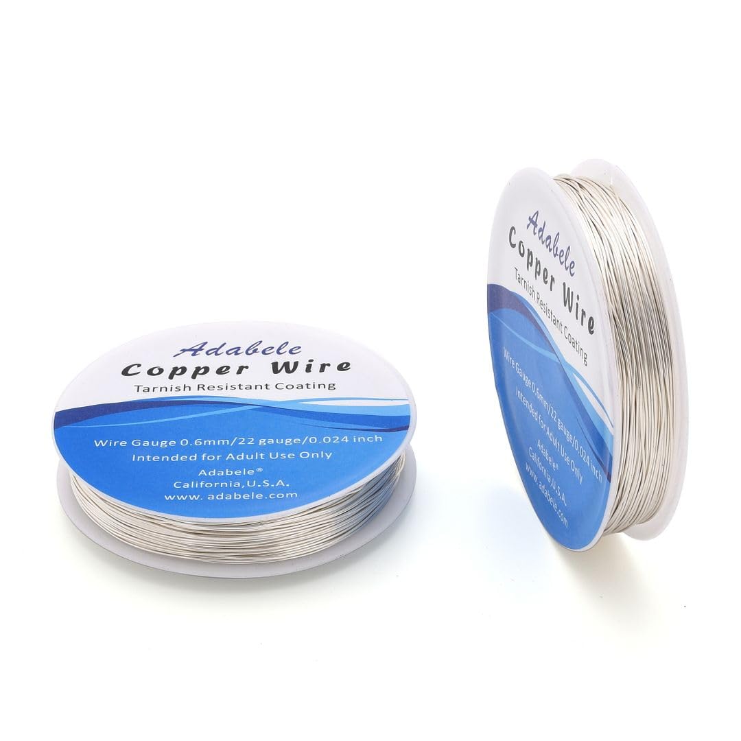 Adabele 124 Feet Premium Tarnish Resistant Round Jewelry Wire Copper Beading Wire Spool Bulk (0.6mm/22 Gauge) Sterling Silver Plated for DIY Craft Jewelry Making BF285-6