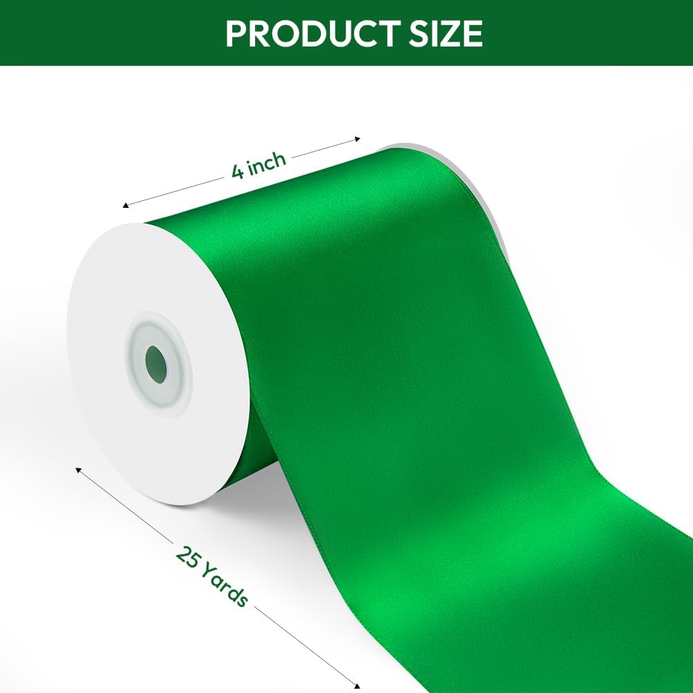 4" Width x 25 Yards Satin Fabric Ribbon, Green Ribbon Perfect for Wedding Car, Chair Sash, Grand Opening Ceremony, Big Bows, Embroidery, Floral Crafts, Party Decoration