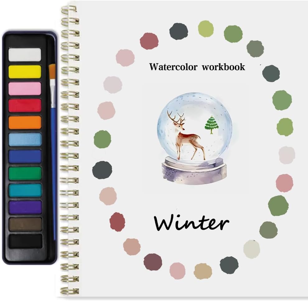 Beginner Watercolor Painting Kit Watercolor Workbook Coloring Book 12 Colors Paint Set with Brush,Easy Nature Scenes Beginner Friendly Watercolor Paint Set Gift for Adults Teens. (WINTER)